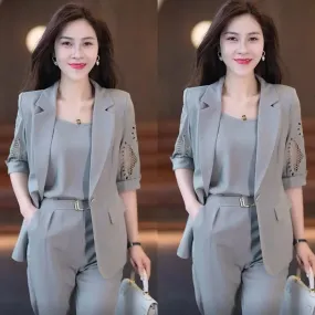 2024Autumn Vintage Hollow Short Sleeve Jacket with Tank Top and Casual Pants Three-Piece Suit