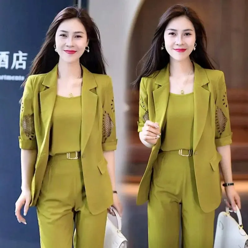 2024Autumn Vintage Hollow Short Sleeve Jacket with Tank Top and Casual Pants Three-Piece Suit