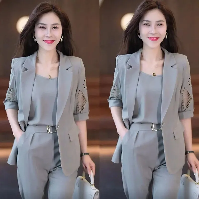 2024Autumn Vintage Hollow Short Sleeve Jacket with Tank Top and Casual Pants Three-Piece Suit