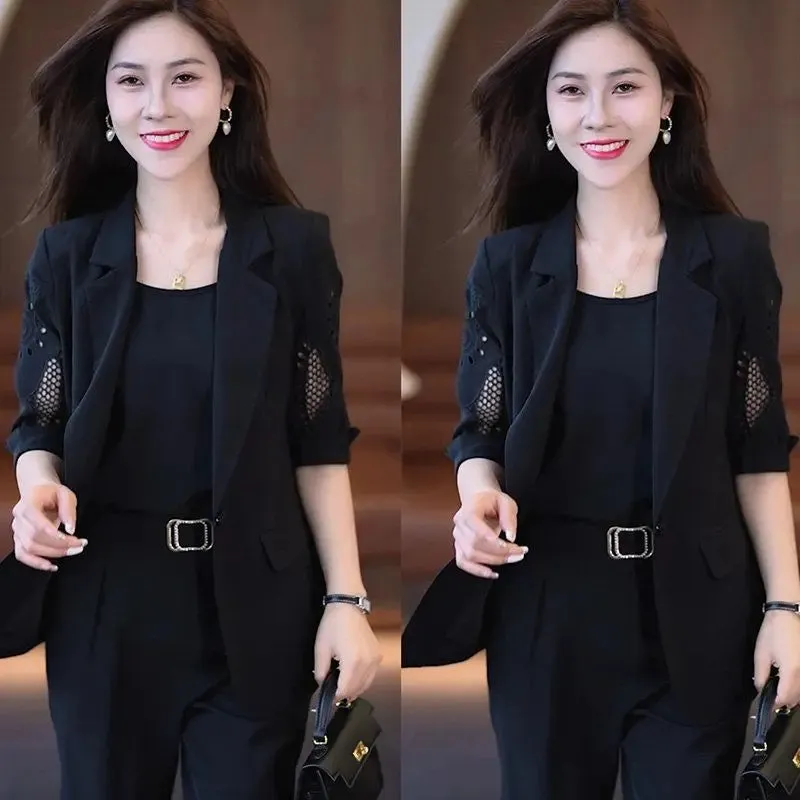 2024Autumn Vintage Hollow Short Sleeve Jacket with Tank Top and Casual Pants Three-Piece Suit