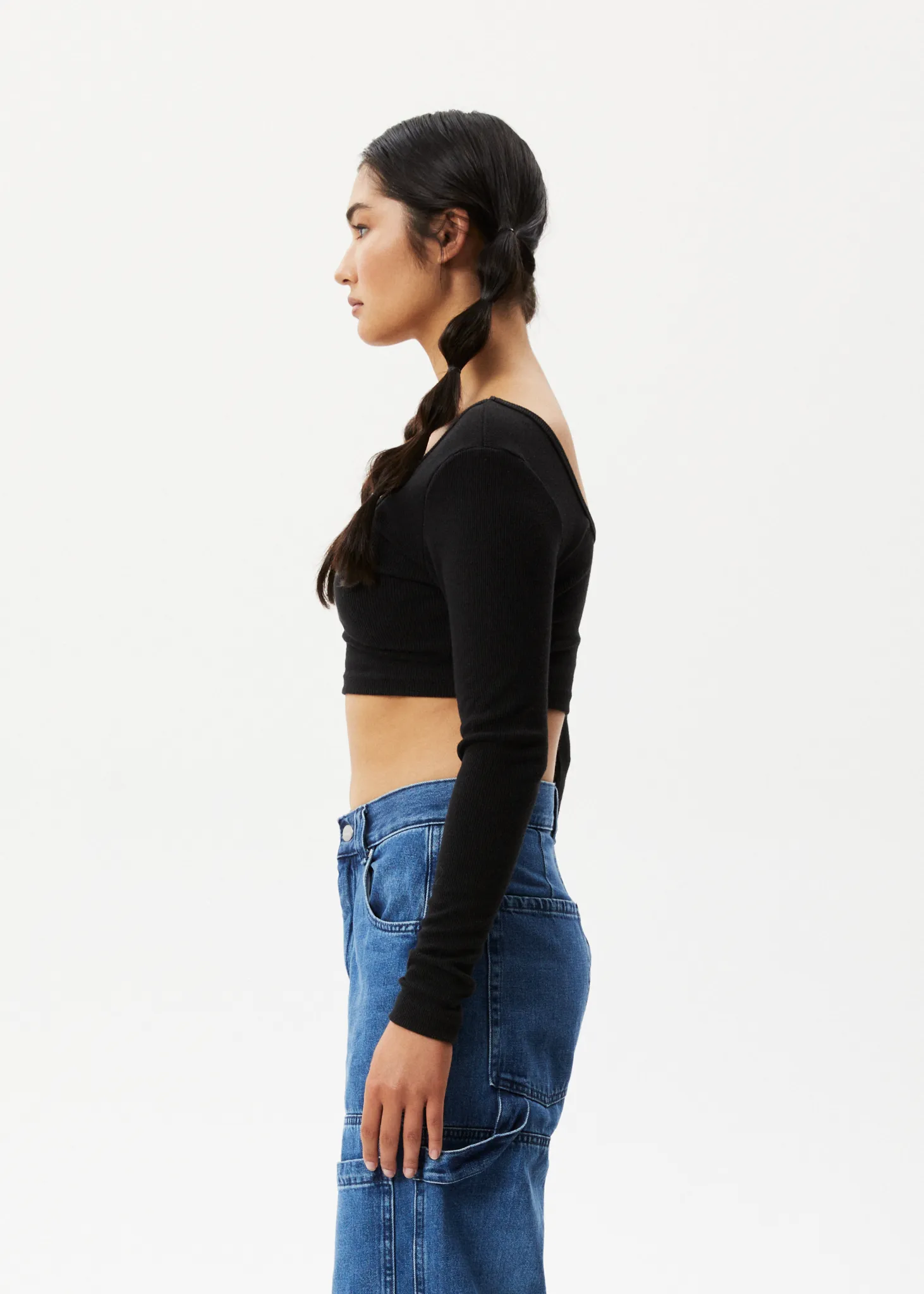 AFENDS Womens Milla - Ribbed Long Sleeve Cropped Top - Black