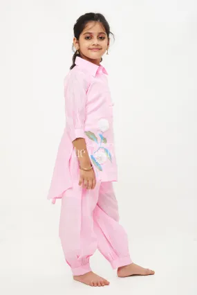 Baby Pink Elbow Sleeve Modal Silk Kurta Set with Floral Embroidery for Girls