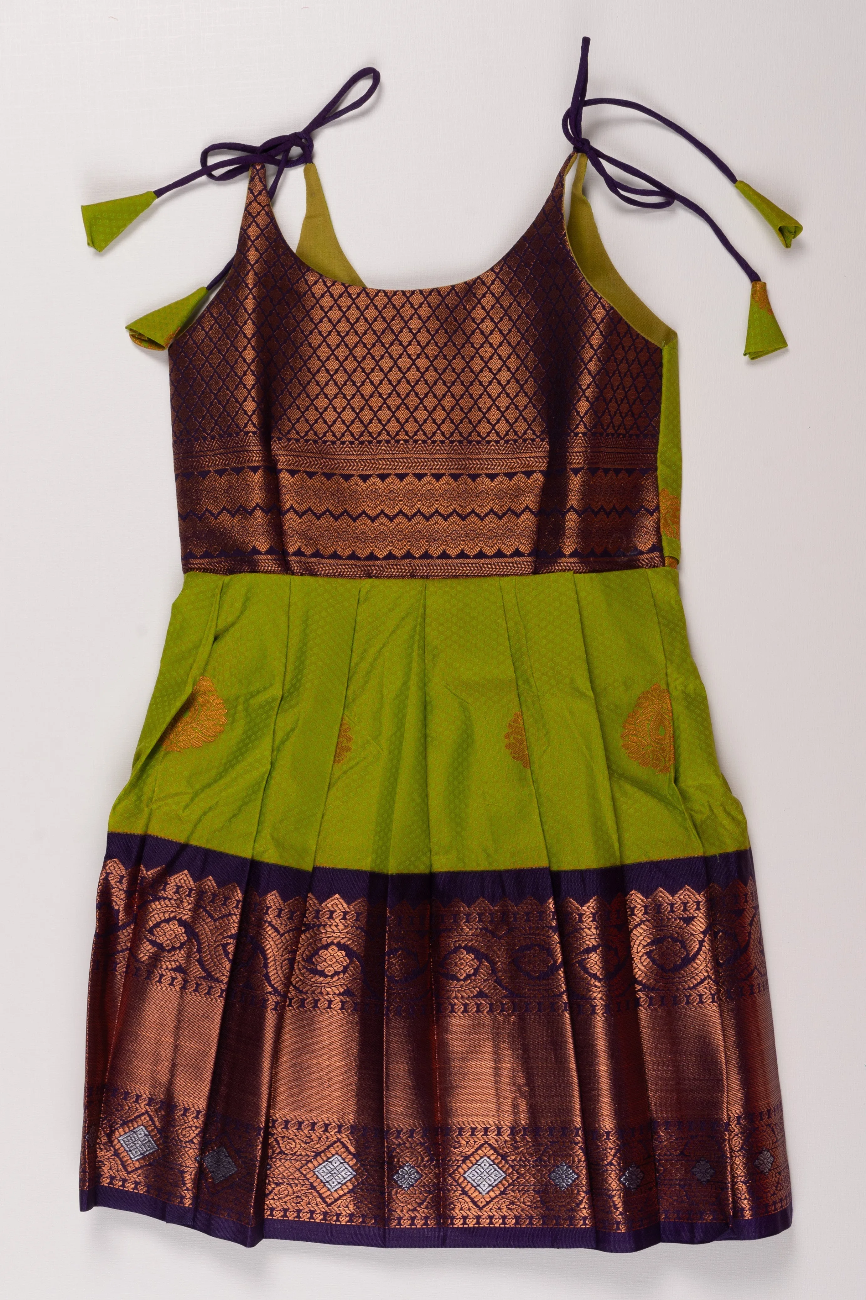 Citrus Charm Green Brocade Silk TieUp Frock - Vibrant Elegance