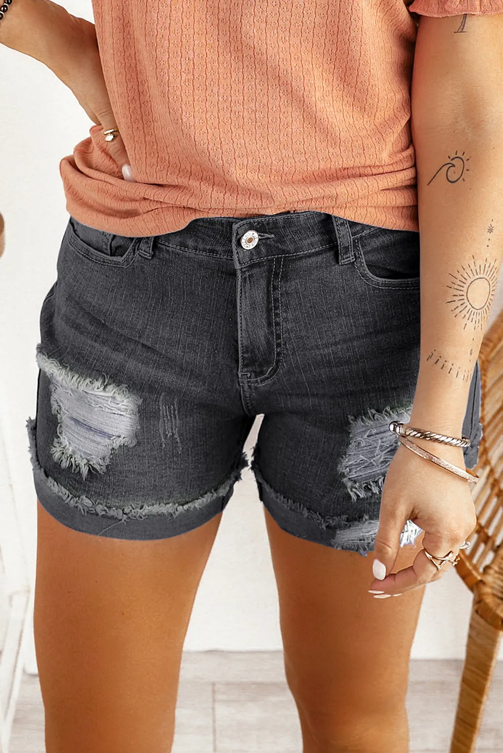 Distressed Ripped Rolled Hem Black Denim Shorts