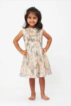 Enchanted Forest Frolic Dress: Whimsical Bird & Foliage Print Frock for Girls