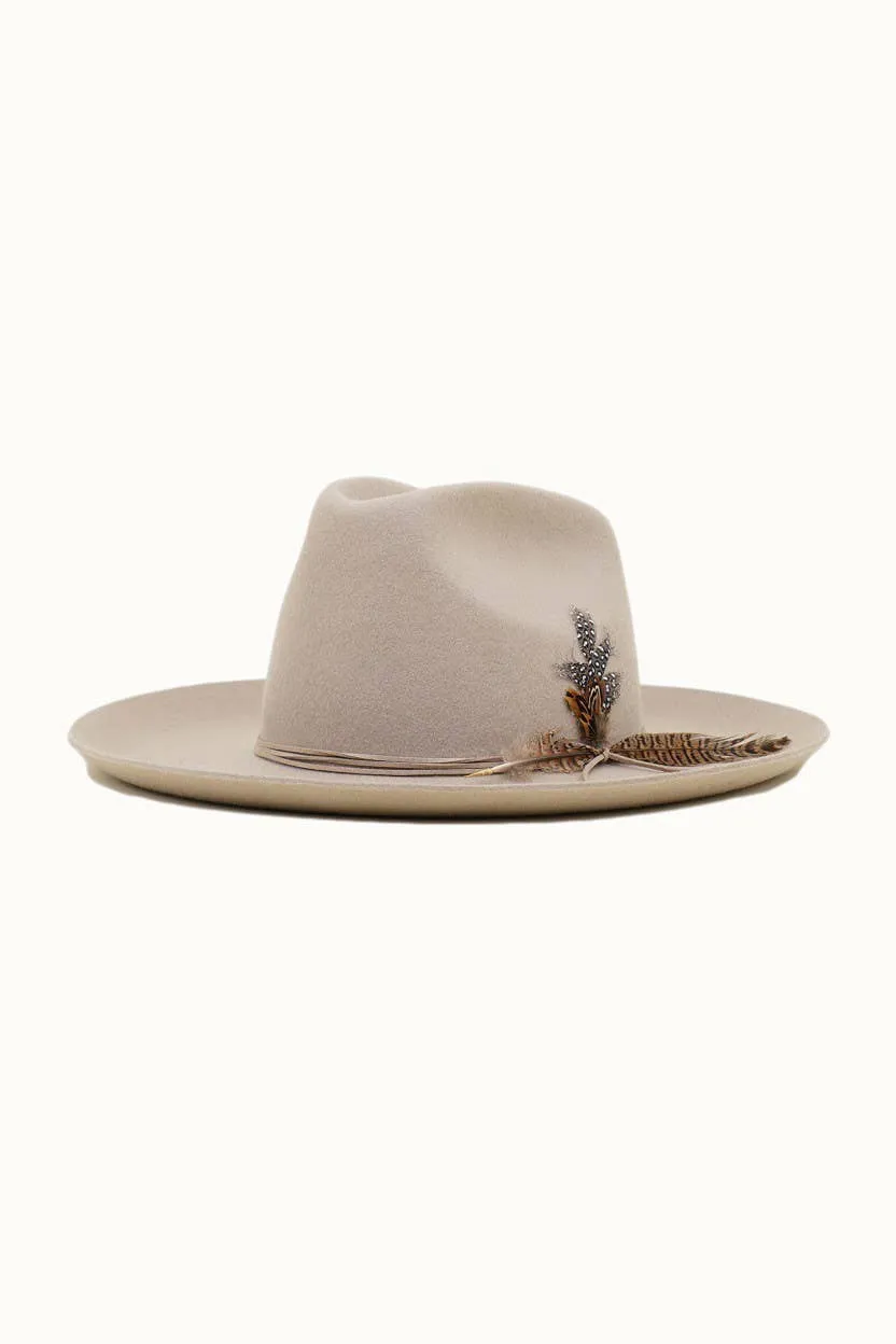 Olive & Pique - Western Cowboy Hat, 100% Wool Felt, Feather Trim, Beige Hat