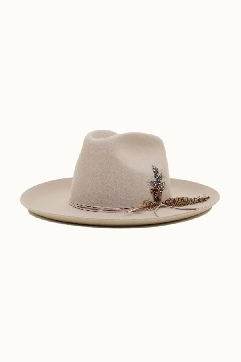 Olive & Pique - Western Cowboy Hat, 100% Wool Felt, Feather Trim, Beige Hat