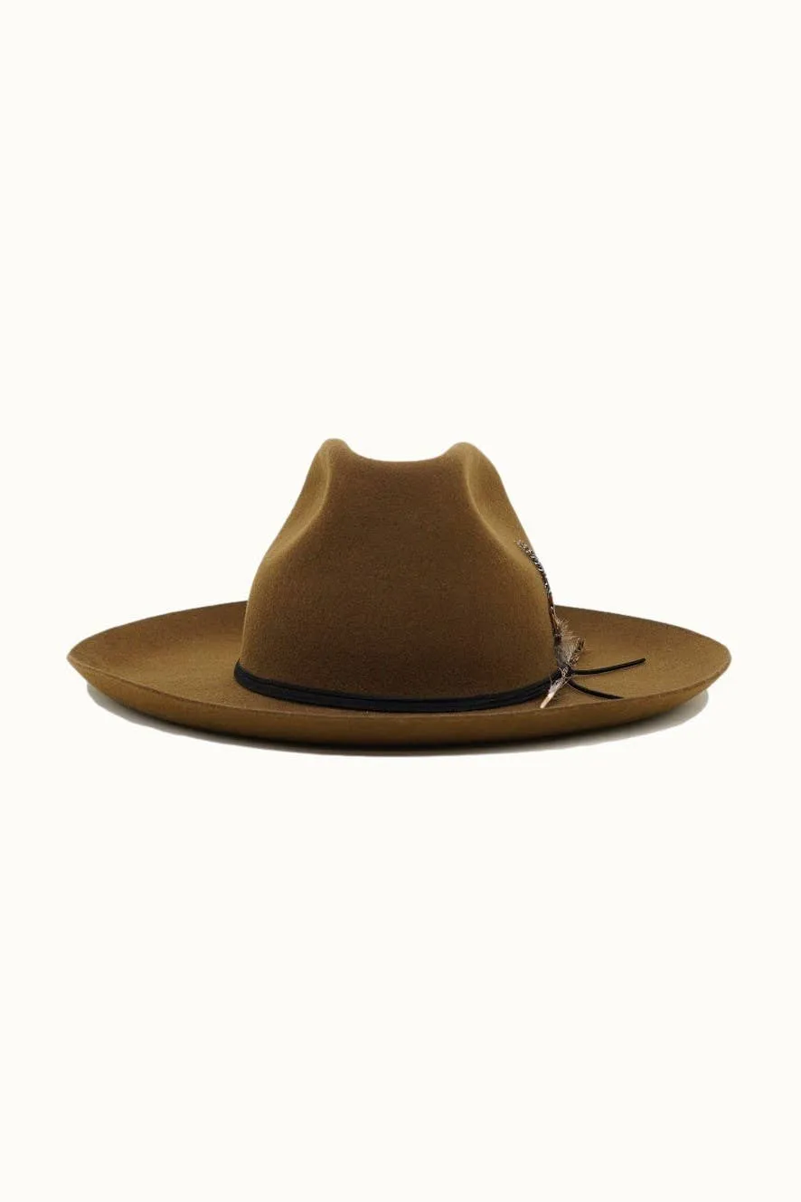 Olive & Pique - Western Cowboy Hat, 100% Wool Felt, Feather Trim, Cognac Hat