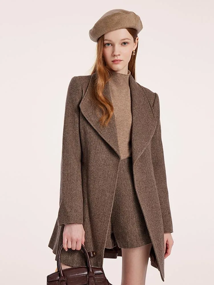 Washable Wool Lapel Women Coat With Belt