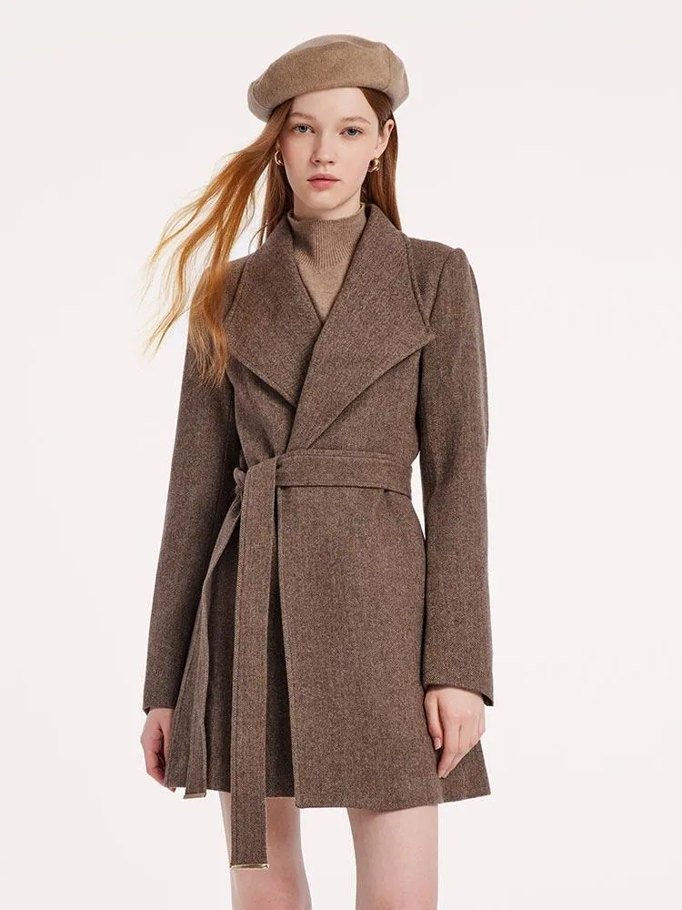 Washable Wool Lapel Women Coat With Belt